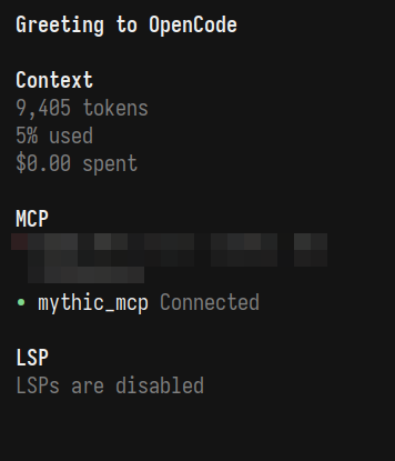 OpenCode with Mythic MCP active