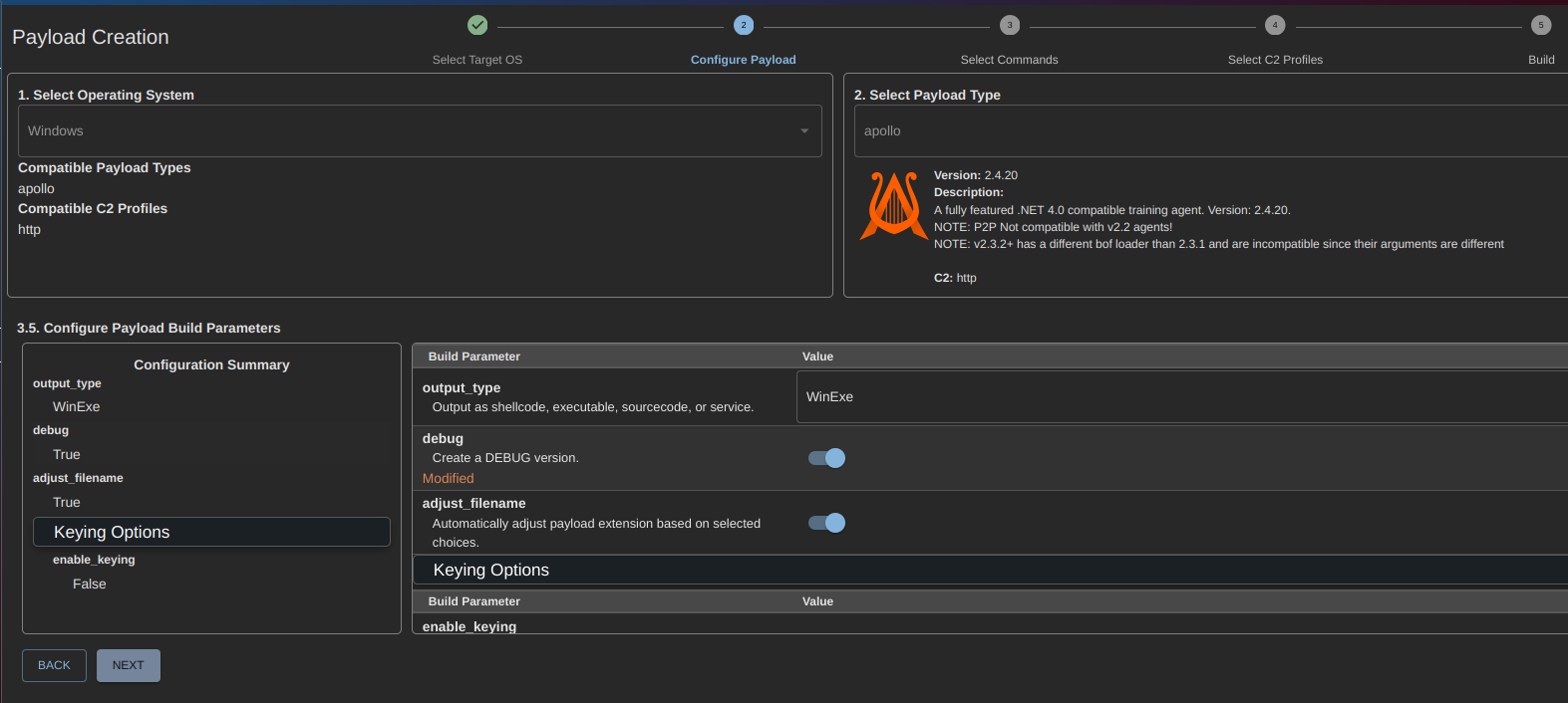 Mythic payload creation — OS selection