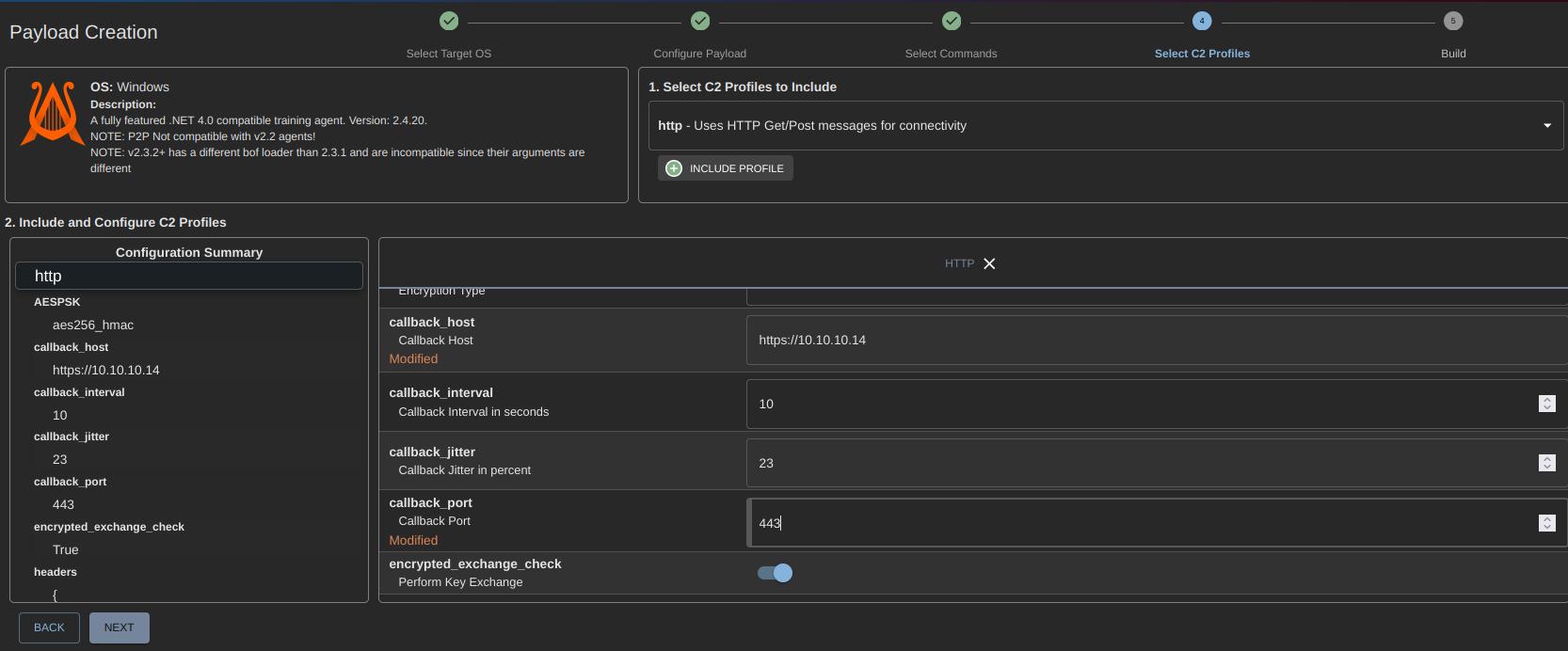Mythic payload creation — agent configuration